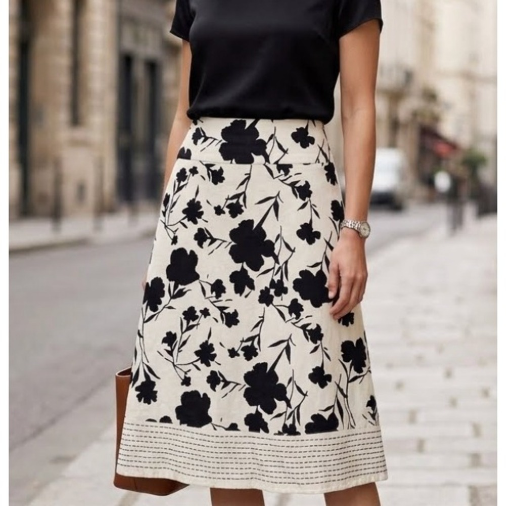 Lucy & Laurel Women Ivory Black Floral Linen Blend A-Line Skirt Size 8 Sashiko